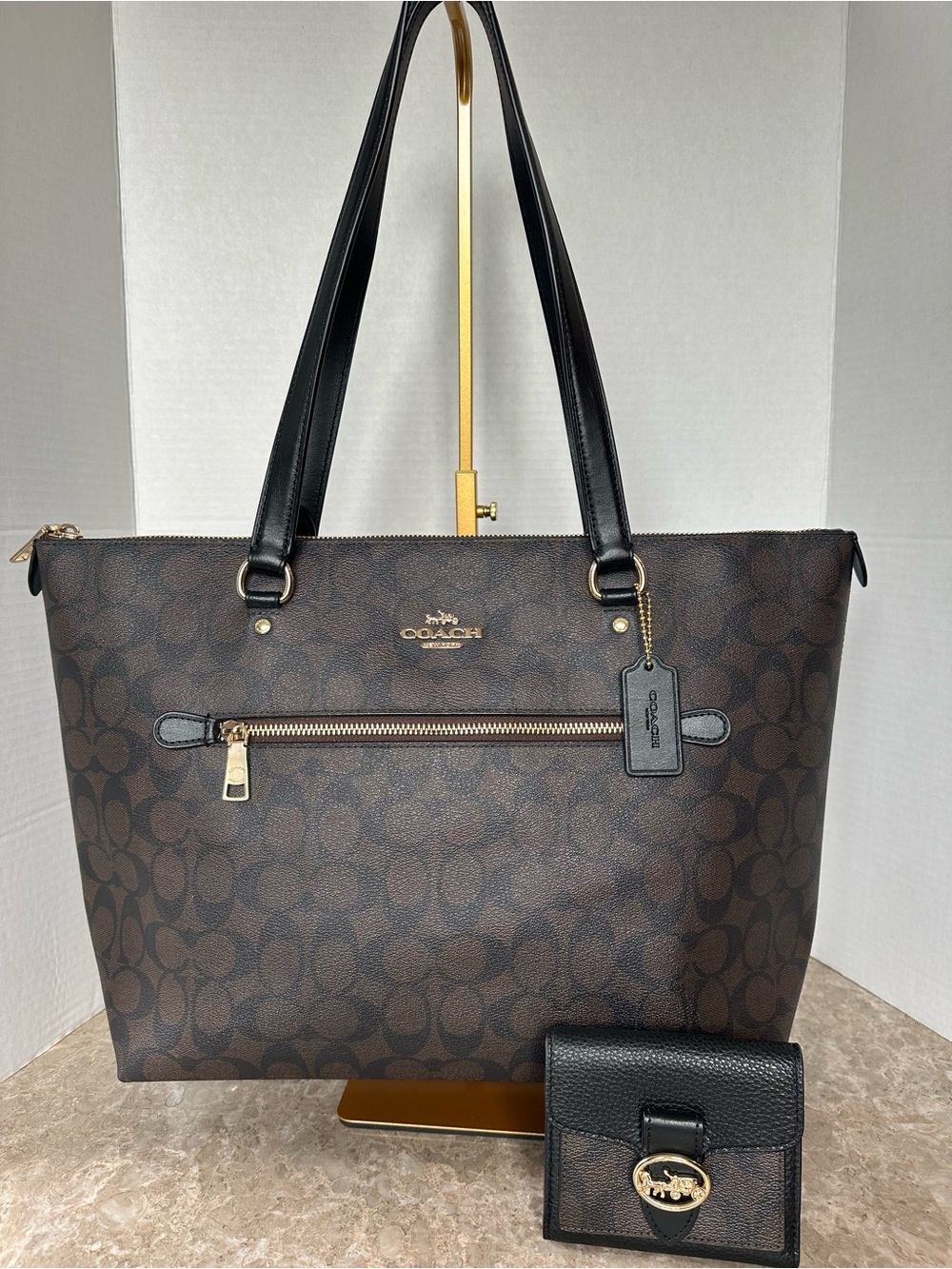 Coach Gallery Tote and Wallet Signature Canvas Dark Brown Black Gold Monogram